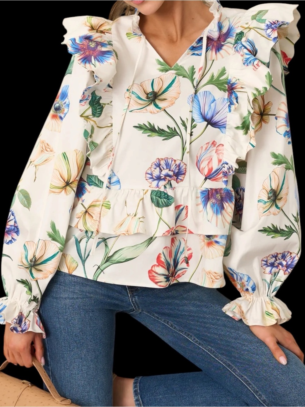 Prosperina Faye Ivory Multi Floral Print Ruffle Blouse NWT